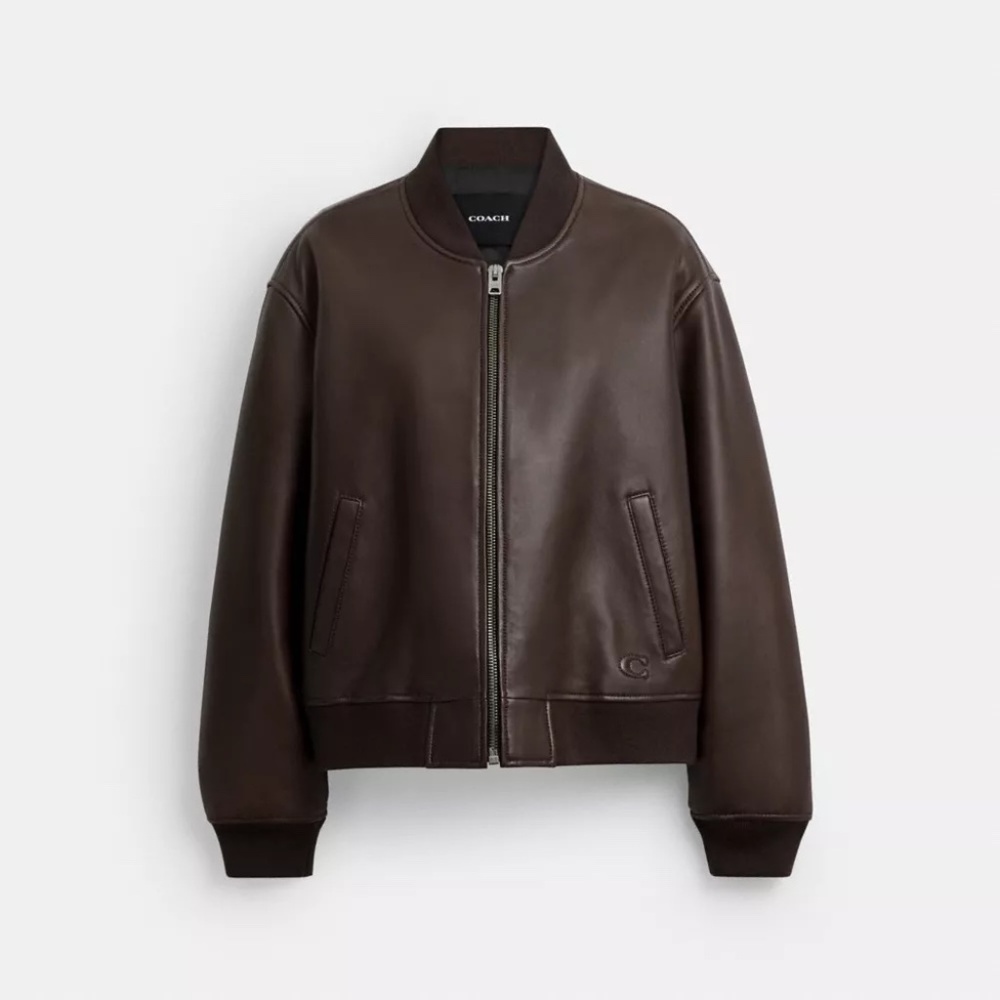 Coach woman’s  Dark Brown Leather Bomber Jacket size large color maple